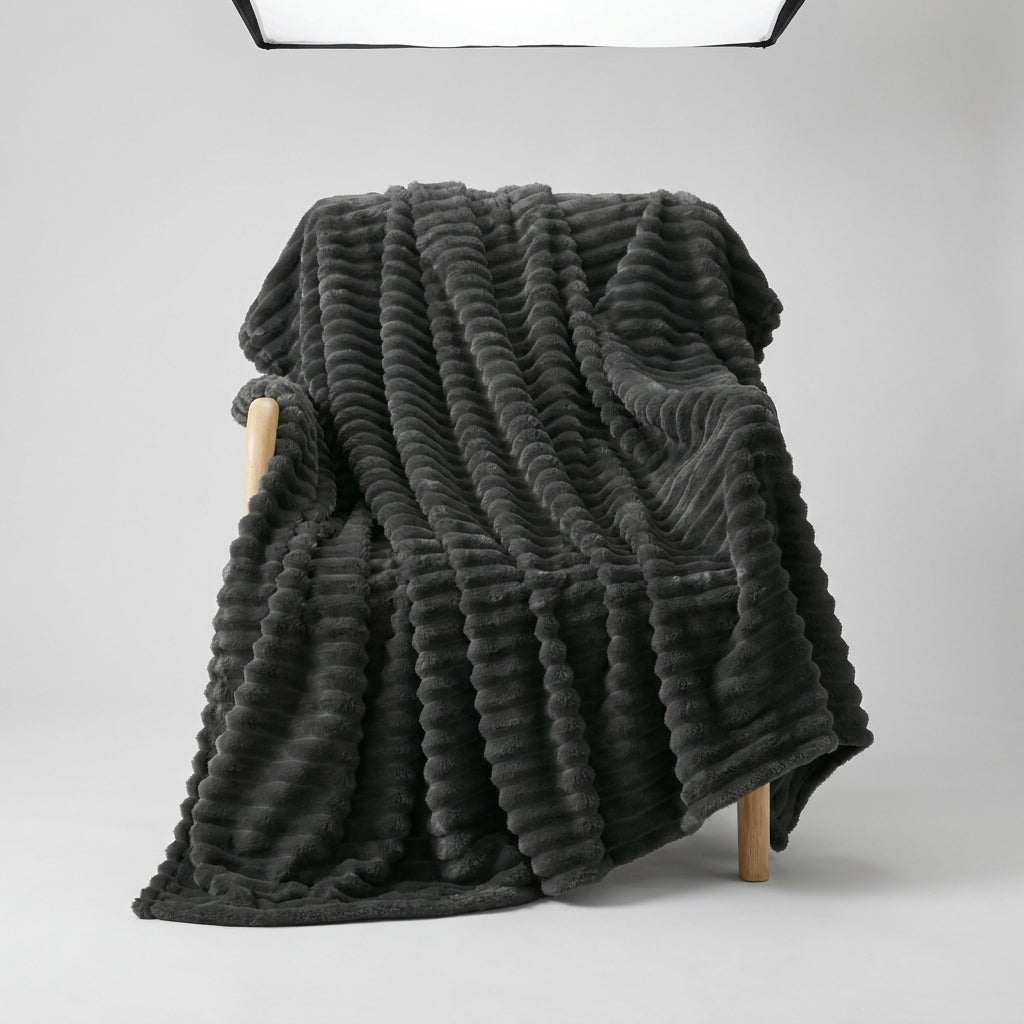 Faux Fur Throw Blanket, Channel-Quilted Ribbed Plush Blanket for Sofa, Bed & Couch, Large Cozy Home Décor, Charcoal Black