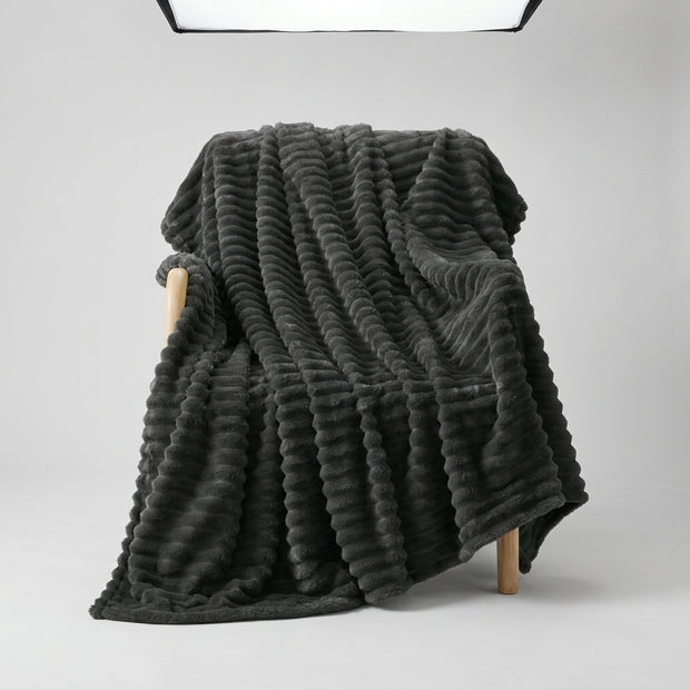 Faux Fur Throw Blanket, Channel-Quilted Ribbed Plush Blanket for Sofa, Bed & Couch, Large Cozy Home Décor, Charcoal Black