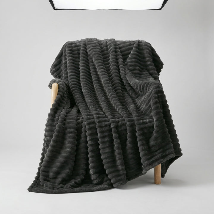 Faux Fur Throw Blanket, Channel-Quilted Ribbed Plush Blanket for Sofa, Bed & Couch, Large Cozy Home Décor, Charcoal Black