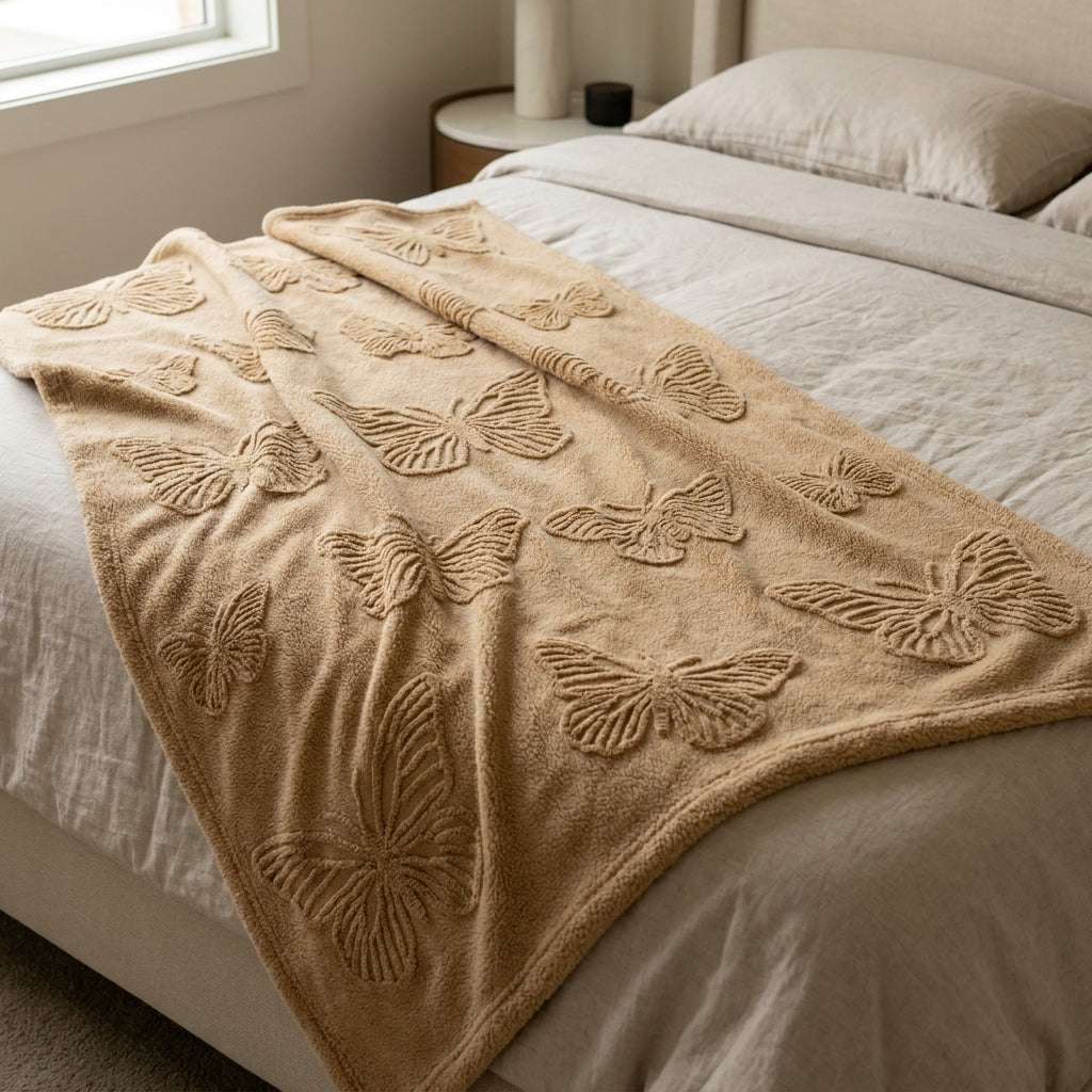 Butterfly Chenille Sherpa Throw Blanket, Raised Jacquard Textured Throw for Bed, Sofa & Couch, Tan Oatmeal