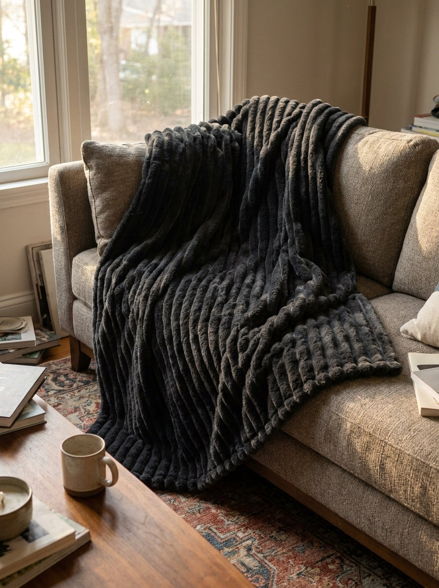 Faux Fur Throw Blanket, Channel-Quilted Ribbed Plush Blanket for Sofa, Bed & Couch, Large Cozy Home Décor, Charcoal Black