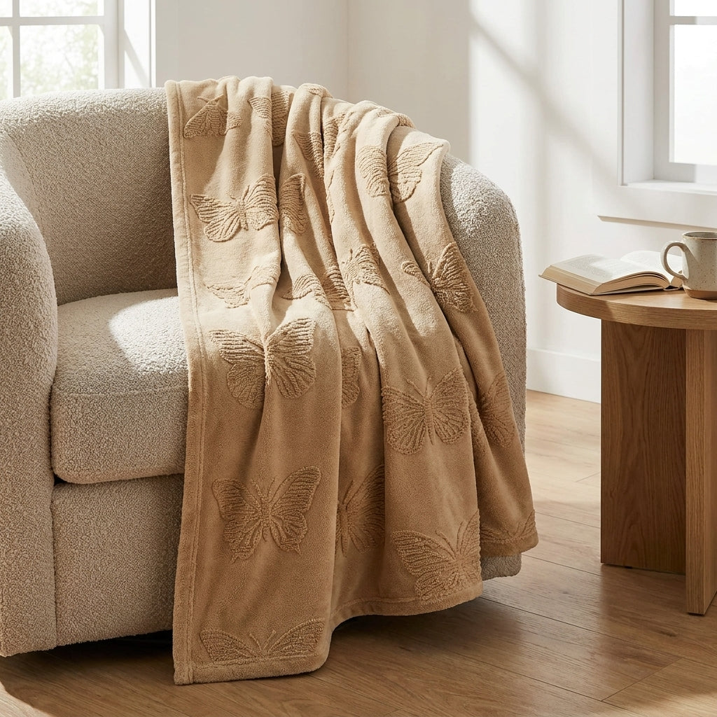 Butterfly Chenille Sherpa Throw Blanket, Raised Jacquard Textured Throw for Bed, Sofa & Couch, Tan Oatmeal