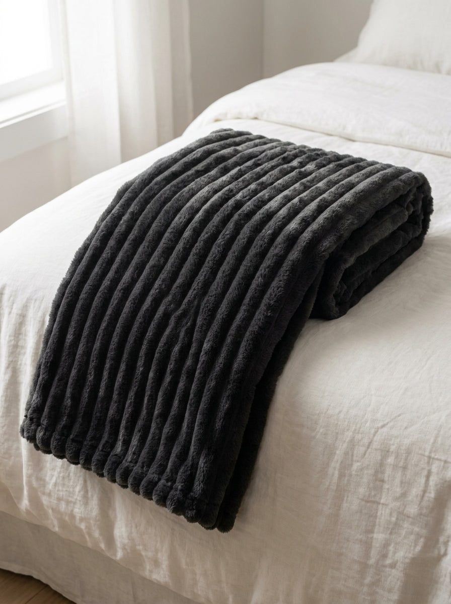 Faux Fur Throw Blanket, Channel-Quilted Ribbed Plush Blanket for Sofa, Bed & Couch, Large Cozy Home Décor, Charcoal Black