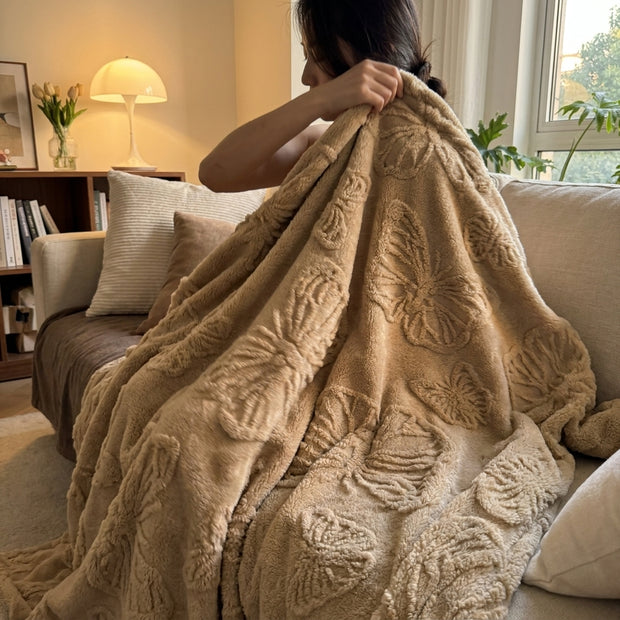 Butterfly Chenille Sherpa Throw Blanket, Raised Jacquard Textured Throw for Bed, Sofa & Couch, Tan Oatmeal