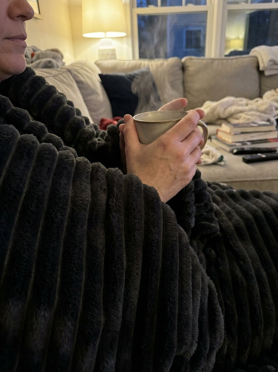 Faux Fur Throw Blanket, Channel-Quilted Ribbed Plush Blanket for Sofa, Bed & Couch, Large Cozy Home Décor, Charcoal Black