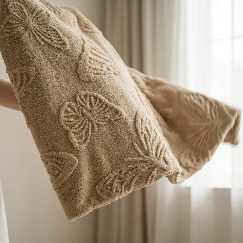 Butterfly Chenille Sherpa Throw Blanket, Raised Jacquard Textured Throw for Bed, Sofa & Couch, Tan Oatmeal
