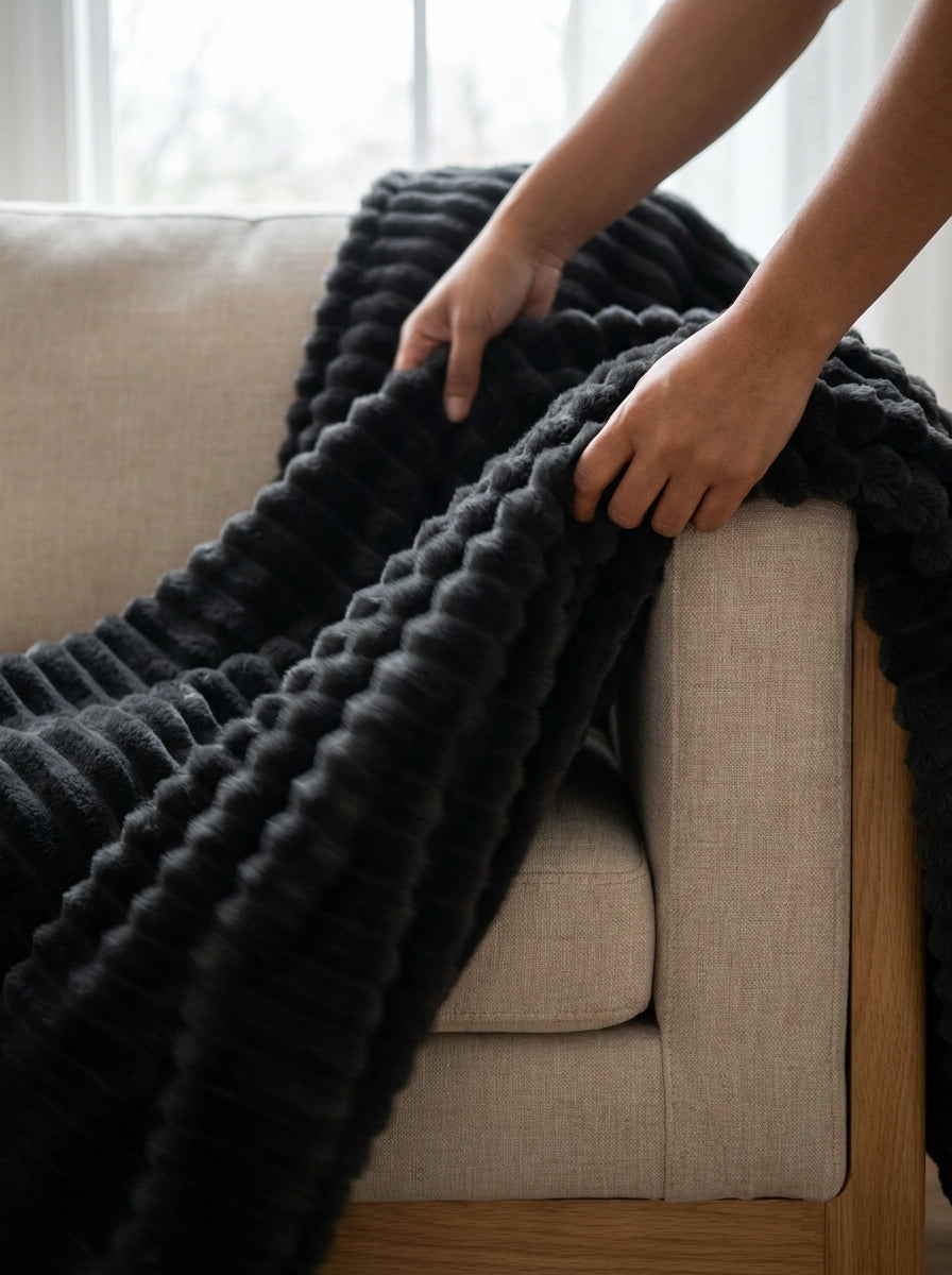 Faux Fur Throw Blanket, Channel-Quilted Ribbed Plush Blanket for Sofa, Bed & Couch, Large Cozy Home Décor, Charcoal Black