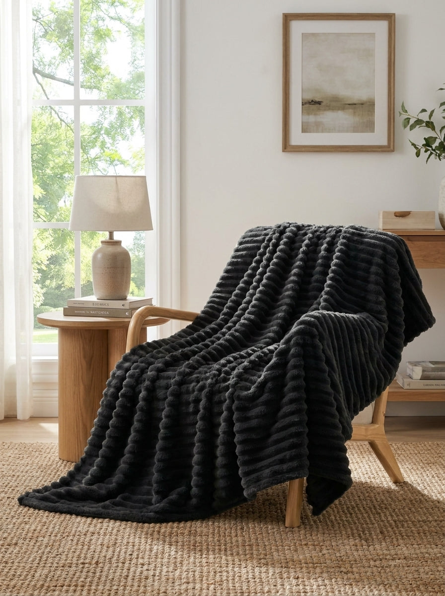 Faux Fur Throw Blanket, Channel-Quilted Ribbed Plush Blanket for Sofa, Bed & Couch, Large Cozy Home Décor, Charcoal Black