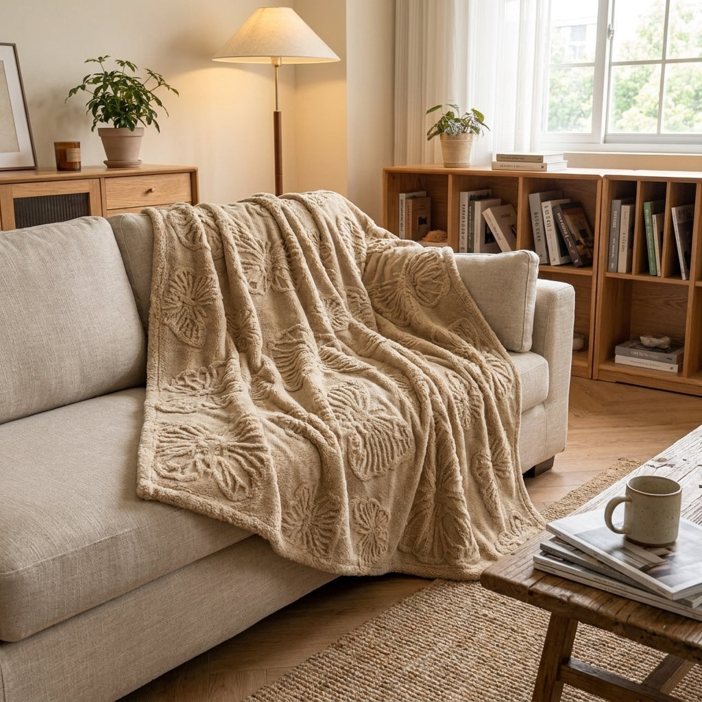 Butterfly Chenille Sherpa Throw Blanket, Raised Jacquard Textured Throw for Bed, Sofa & Couch, Tan Oatmeal