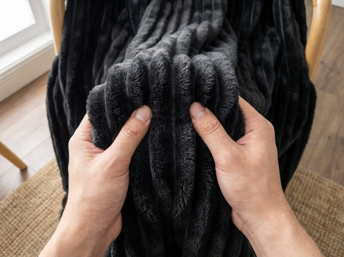 Faux Fur Throw Blanket, Channel-Quilted Ribbed Plush Blanket for Sofa, Bed & Couch, Large Cozy Home Décor, Charcoal Black