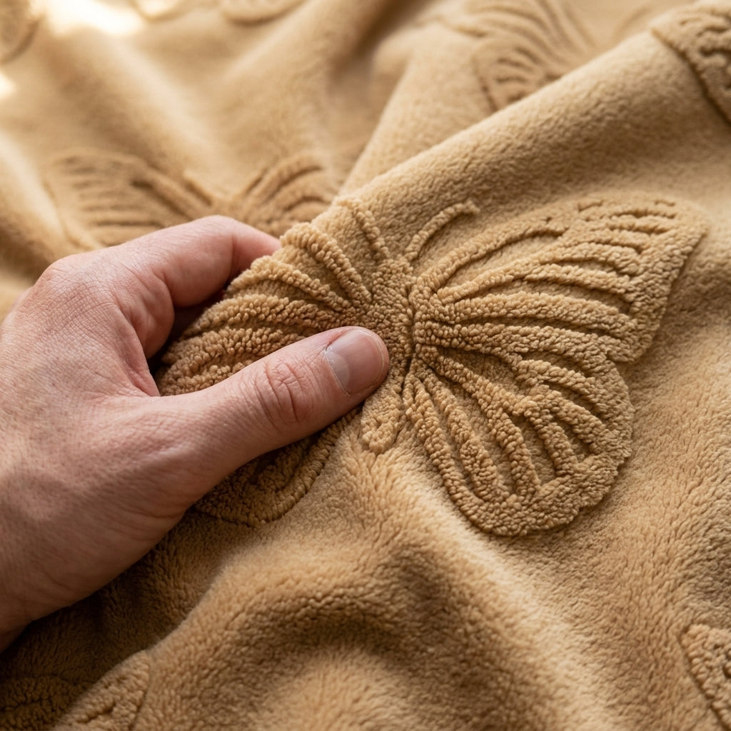 Butterfly Chenille Sherpa Throw Blanket, Raised Jacquard Textured Throw for Bed, Sofa & Couch, Tan Oatmeal