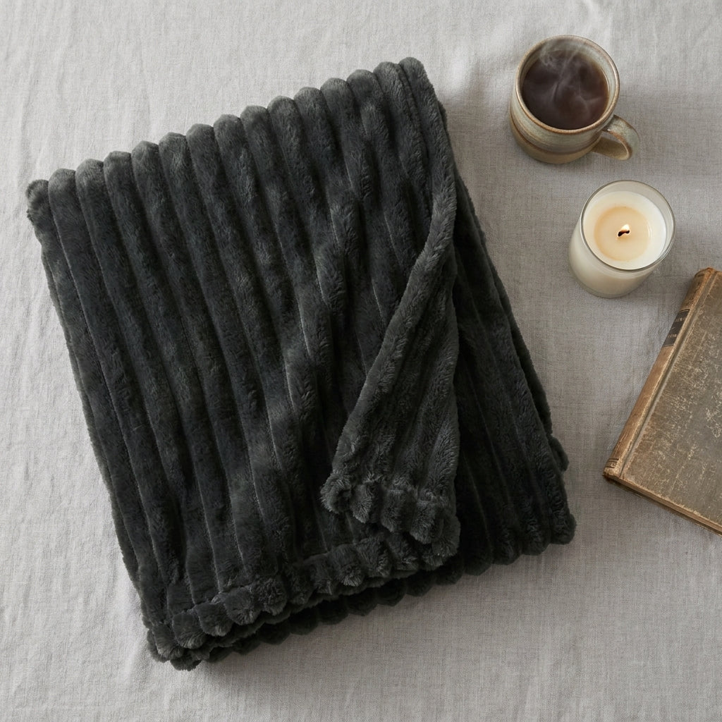 Faux Fur Throw Blanket, Channel-Quilted Ribbed Plush Blanket for Sofa, Bed & Couch, Large Cozy Home Décor, Charcoal Black
