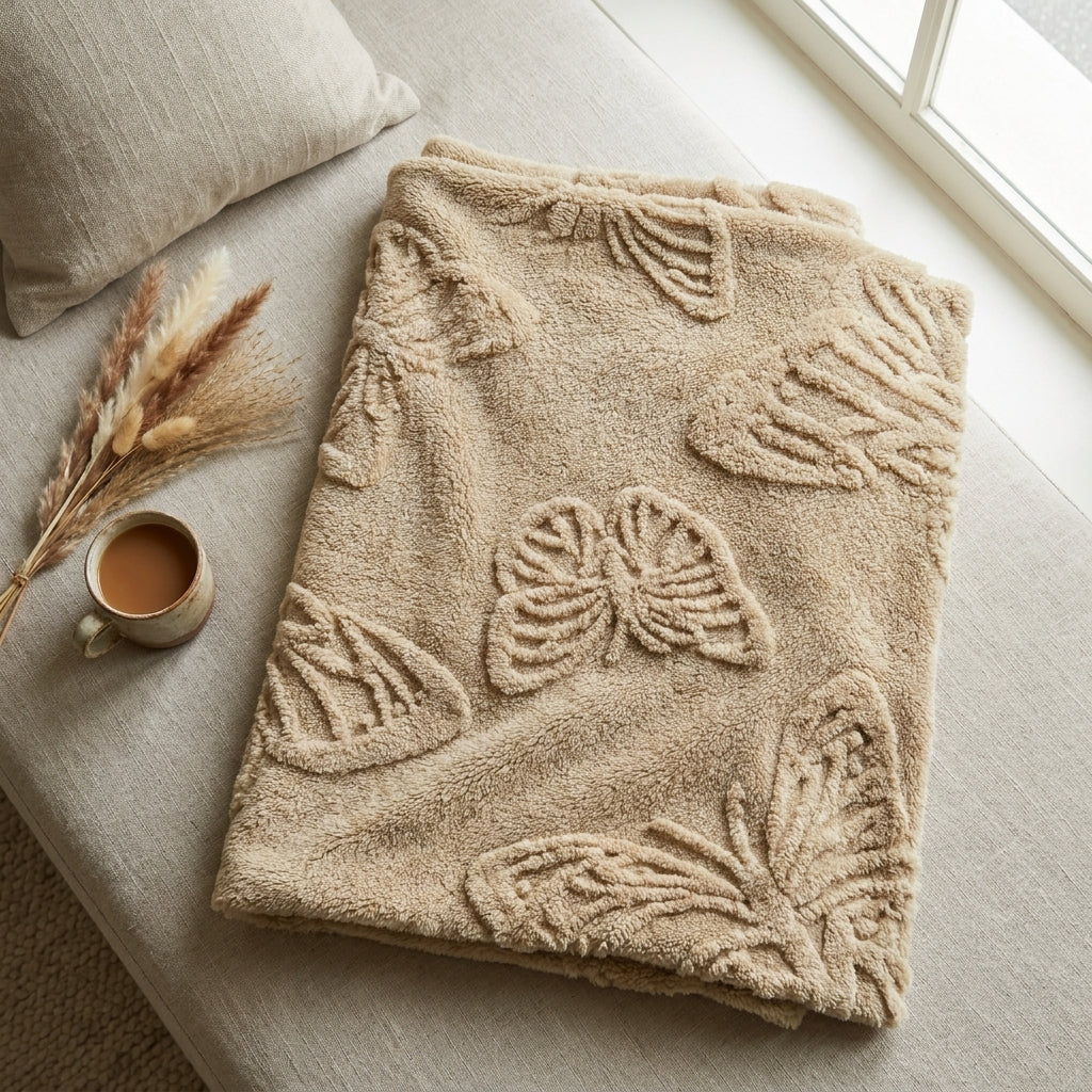 Butterfly Chenille Sherpa Throw Blanket, Raised Jacquard Textured Throw for Bed, Sofa & Couch, Tan Oatmeal
