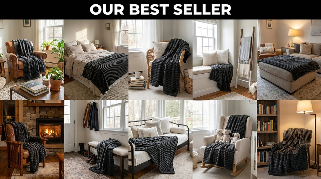 Faux Fur Throw Blanket, Channel-Quilted Ribbed Plush Blanket for Sofa, Bed & Couch, Large Cozy Home Décor, Charcoal Black