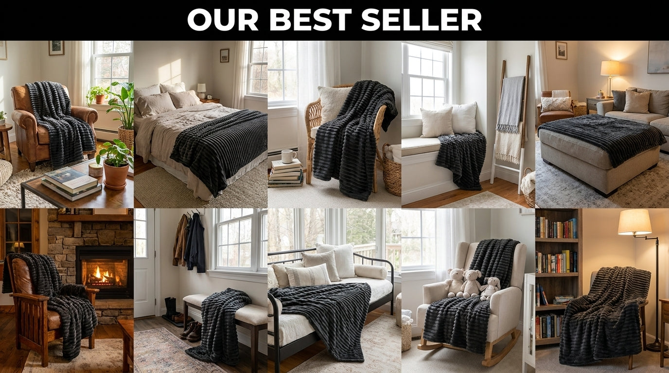 Faux Fur Throw Blanket, Channel-Quilted Ribbed Plush Blanket for Sofa, Bed & Couch, Large Cozy Home Décor, Charcoal Black