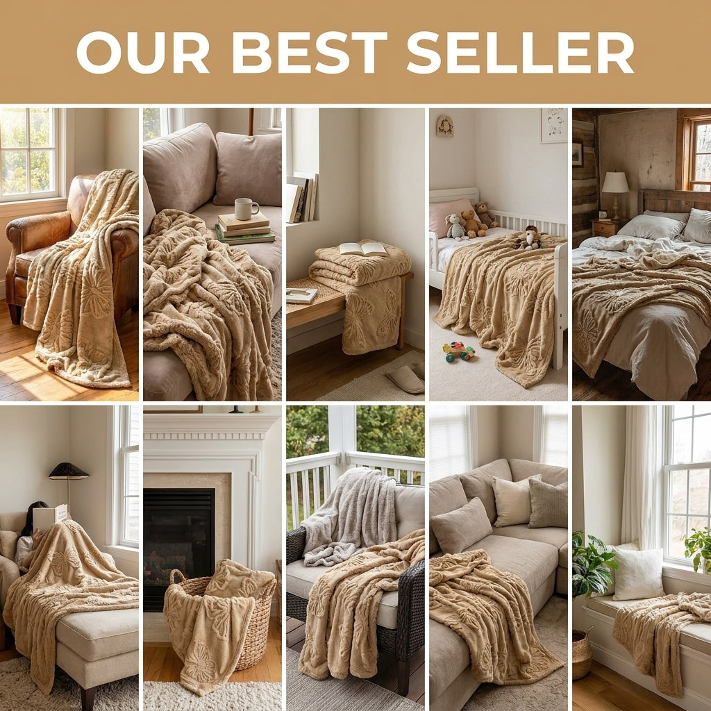 Butterfly Chenille Sherpa Throw Blanket, Raised Jacquard Textured Throw for Bed, Sofa & Couch, Tan Oatmeal