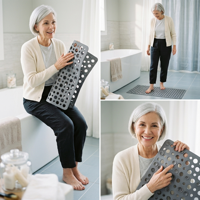Grey bath and shower mat with suction cups