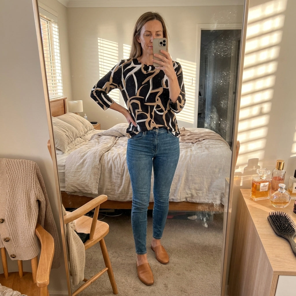 Women's Abstract Print Blouse - 3/4 Sleeve Round Neck Casual Top for Work & Everyday, Black Tan