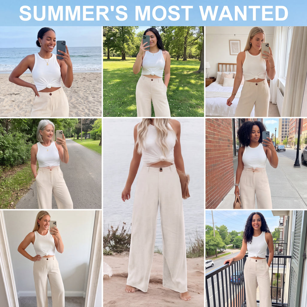 Women's High Waisted Wide Leg Linen Pants – Flowy Palazzo Trousers for Summer, Beach & Resort Wear, Cream