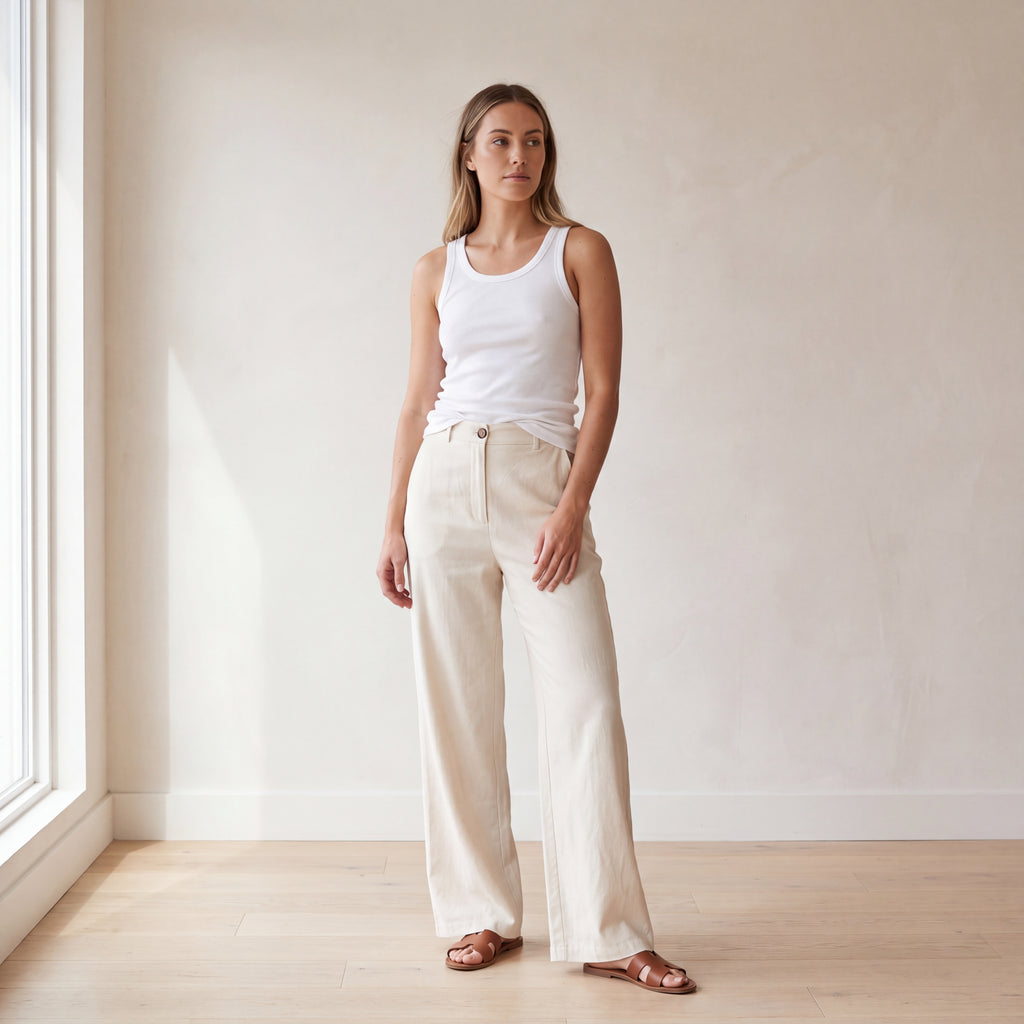 Women's High Waisted Wide Leg Linen Pants – Flowy Palazzo Trousers for Summer, Beach & Resort Wear, Cream