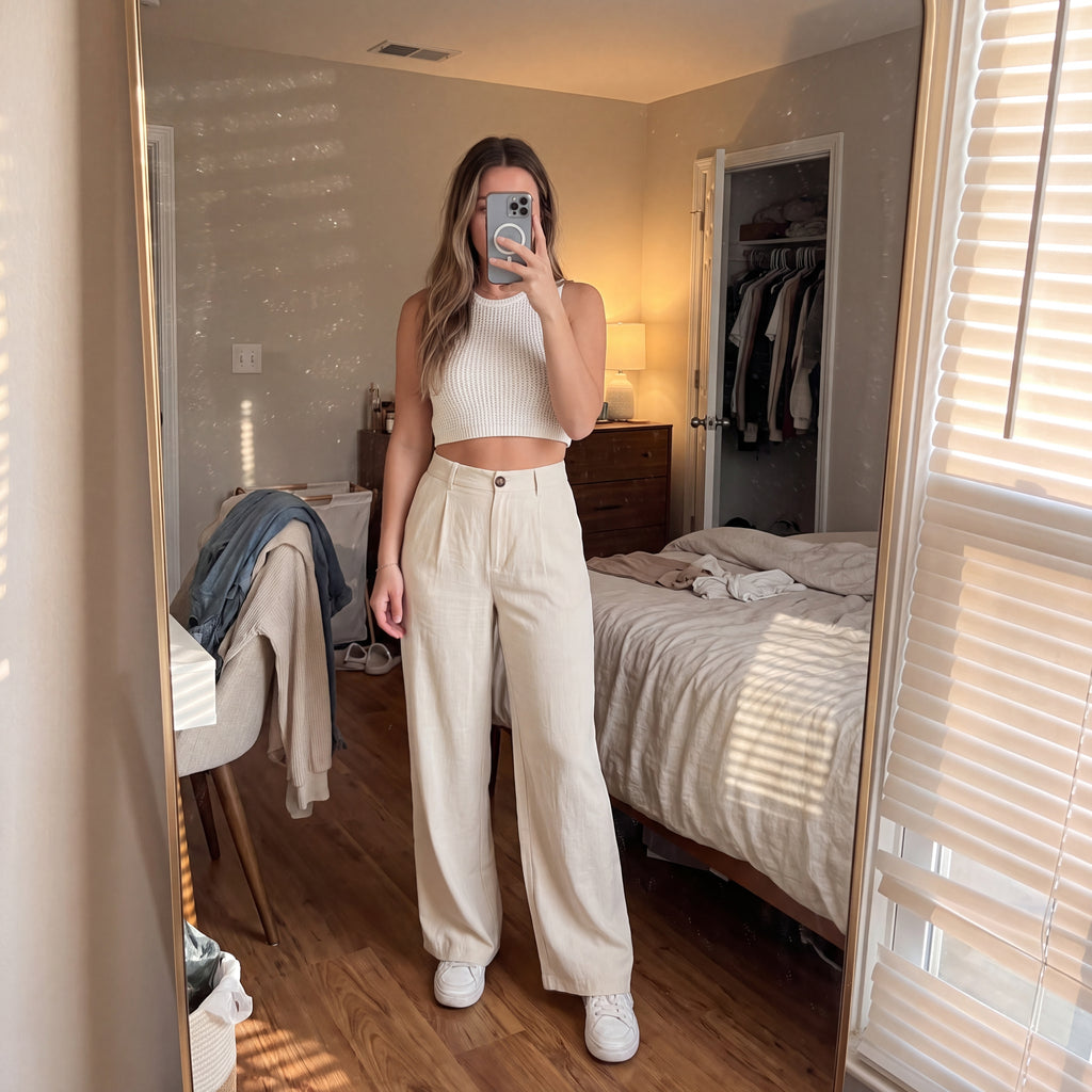 Women's High Waisted Wide Leg Linen Pants – Flowy Palazzo Trousers for Summer, Beach & Resort Wear, Cream