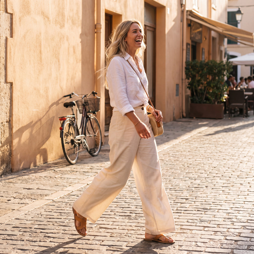 Women's High Waisted Wide Leg Linen Pants – Flowy Palazzo Trousers for Summer, Beach & Resort Wear, Cream