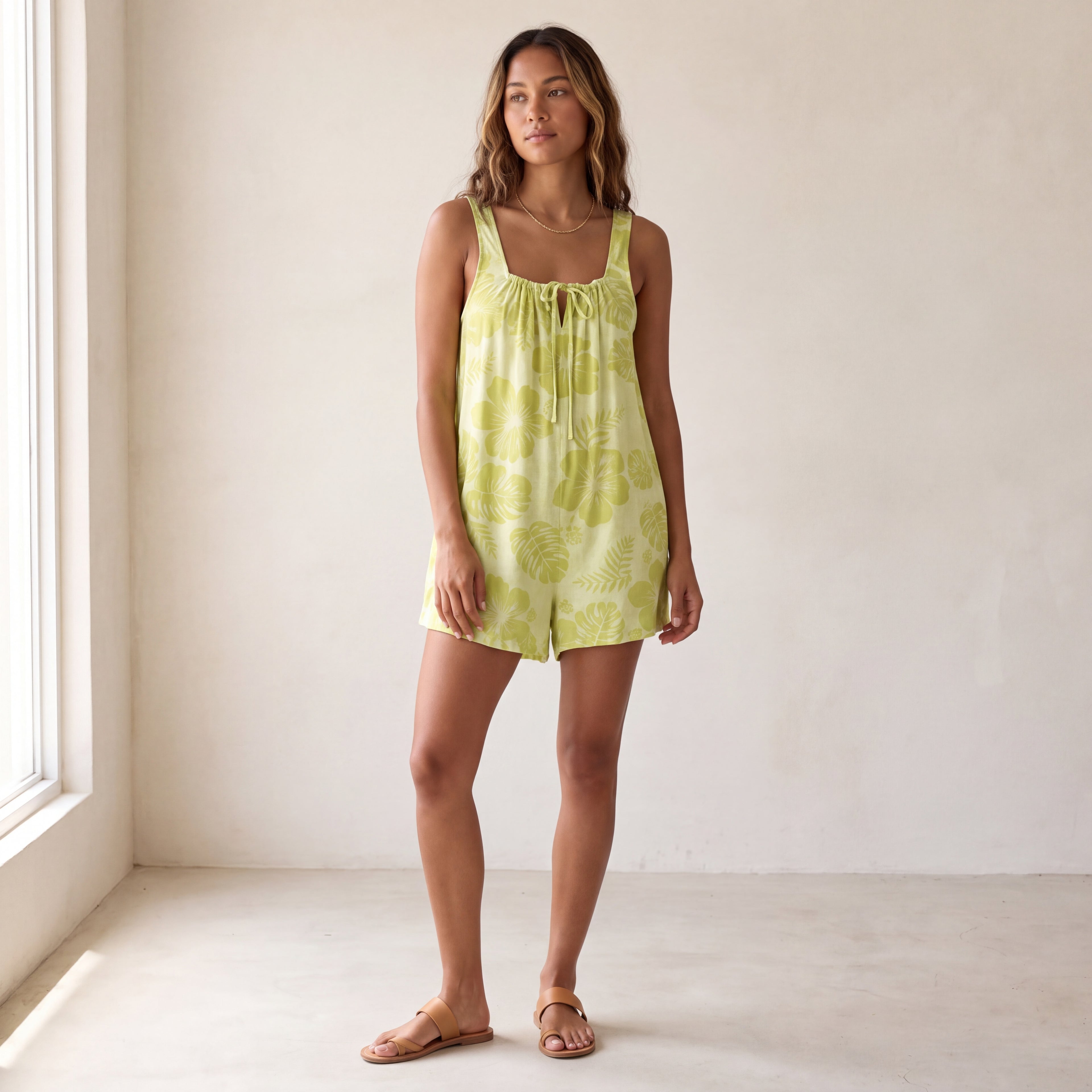 Women's Tropical Floral Romper - Tie Front Sleeveless Playsuit for Summer, Beach & Resort Wear, Lime Green