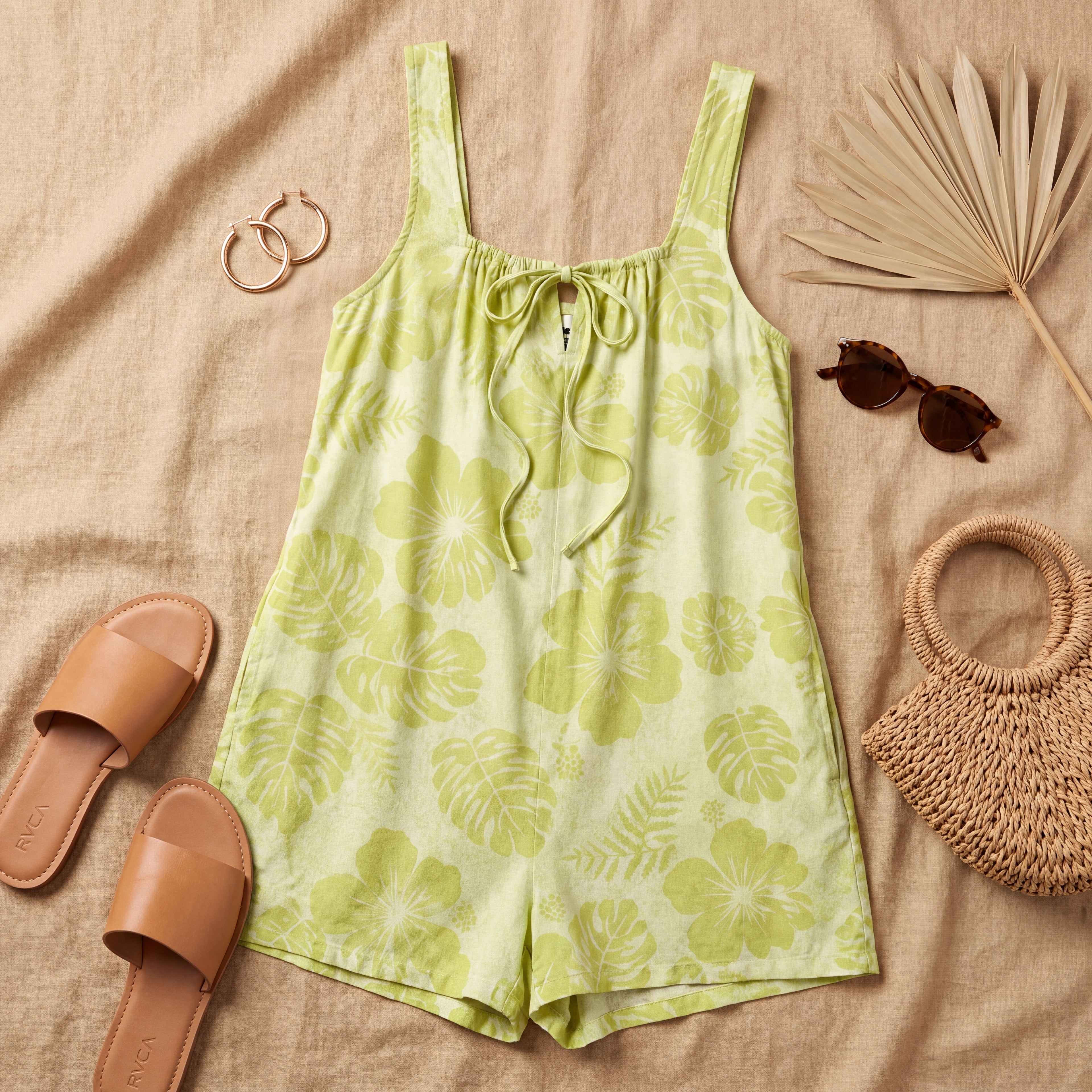 Women's Tropical Floral Romper - Tie Front Sleeveless Playsuit for Summer, Beach & Resort Wear, Lime Green