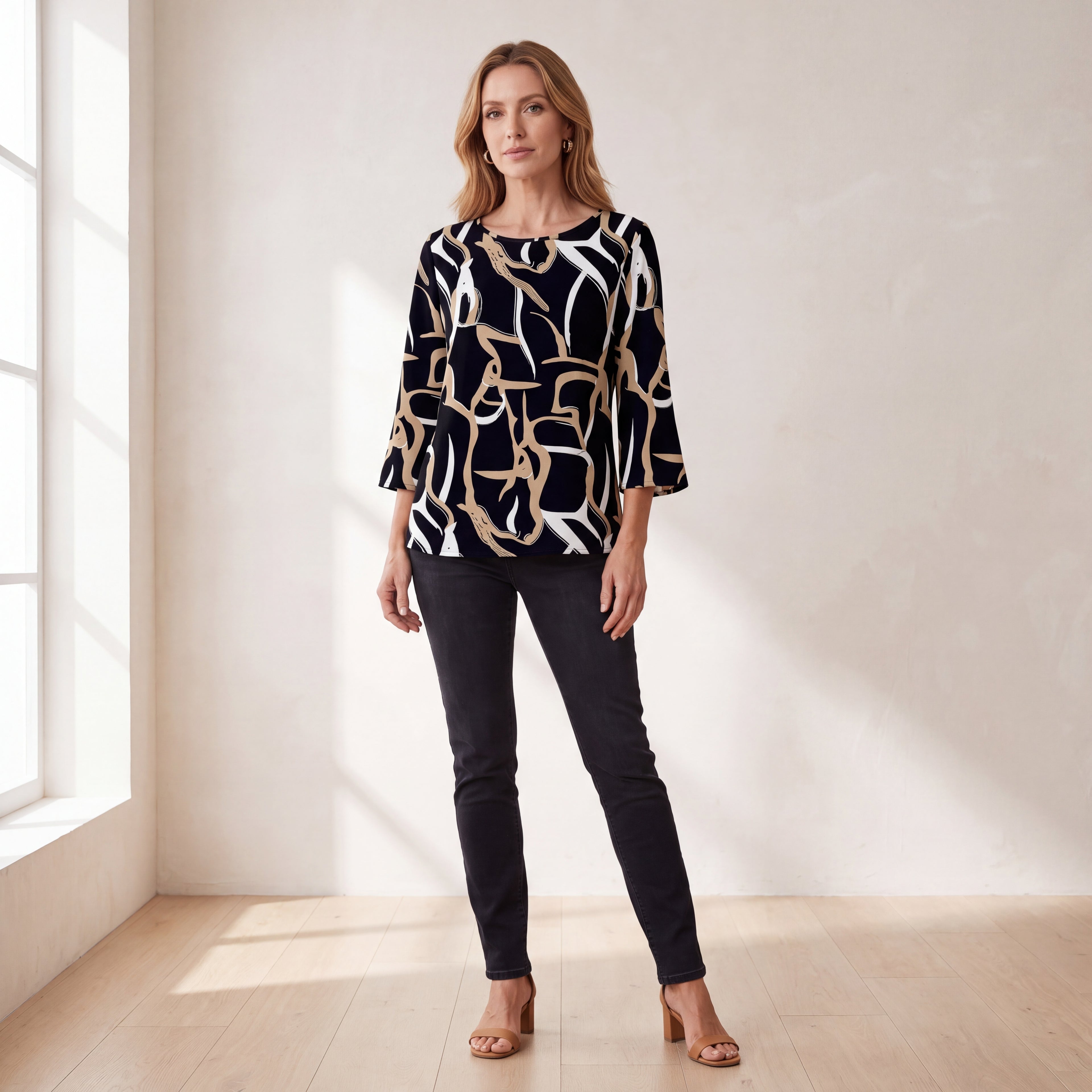 Women's Abstract Print Blouse - 3/4 Sleeve Round Neck Casual Top for Work & Everyday, Black Tan