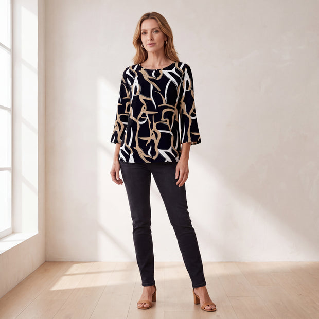 Women's Abstract Print Blouse - 3/4 Sleeve Round Neck Casual Top for Work & Everyday, Black Tan