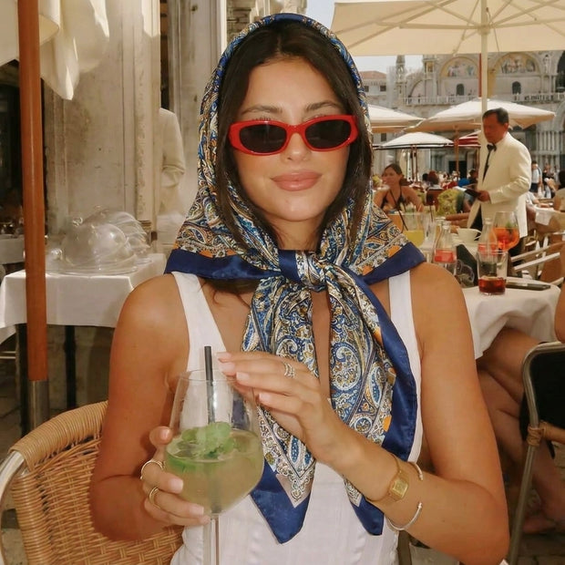 Paisley Print Silk Scarf for Women - Large Square Satin Head Scarf & Neck Wrap, Blue Gold Bandana