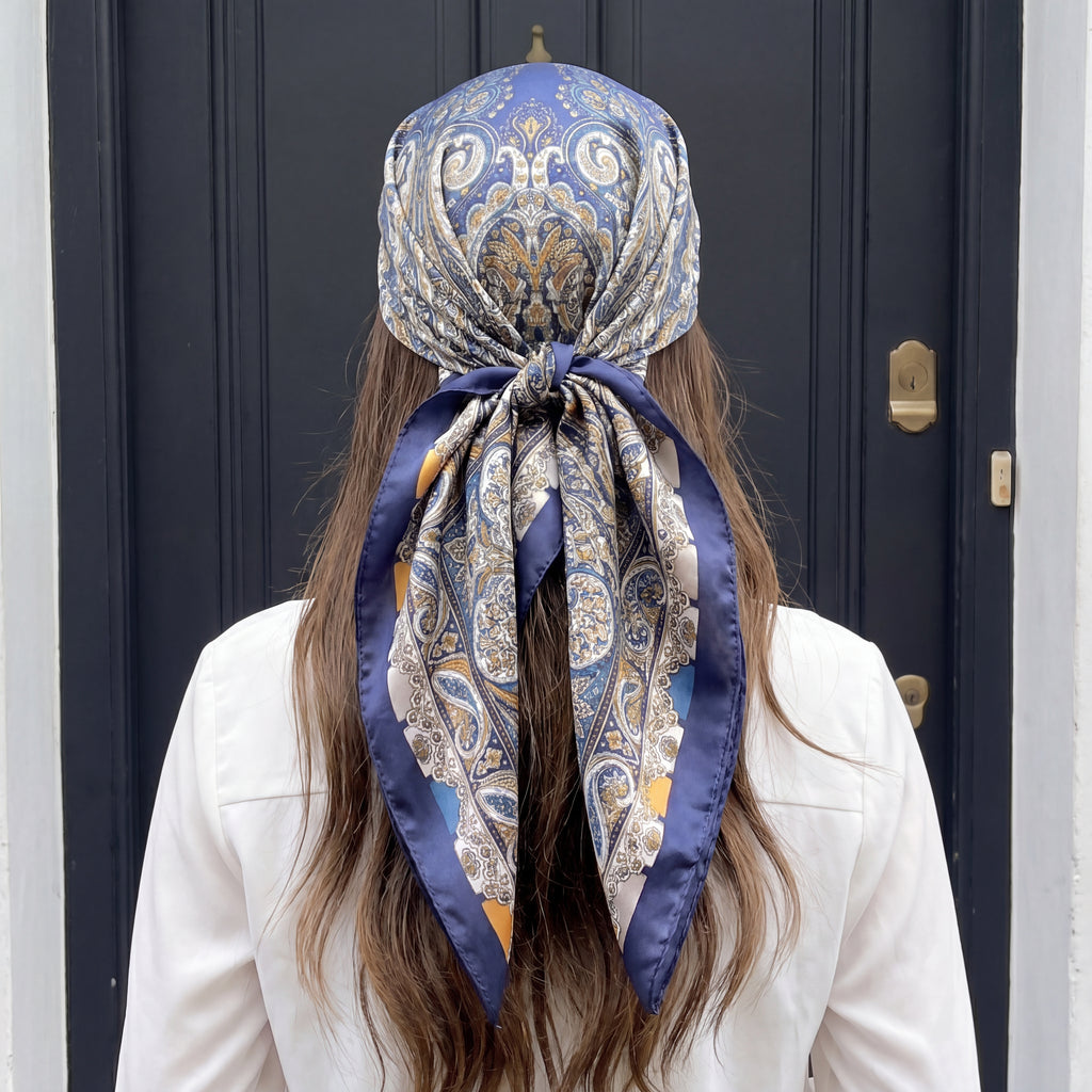 Paisley Print Silk Scarf for Women - Large Square Satin Head Scarf & Neck Wrap, Blue Gold Bandana