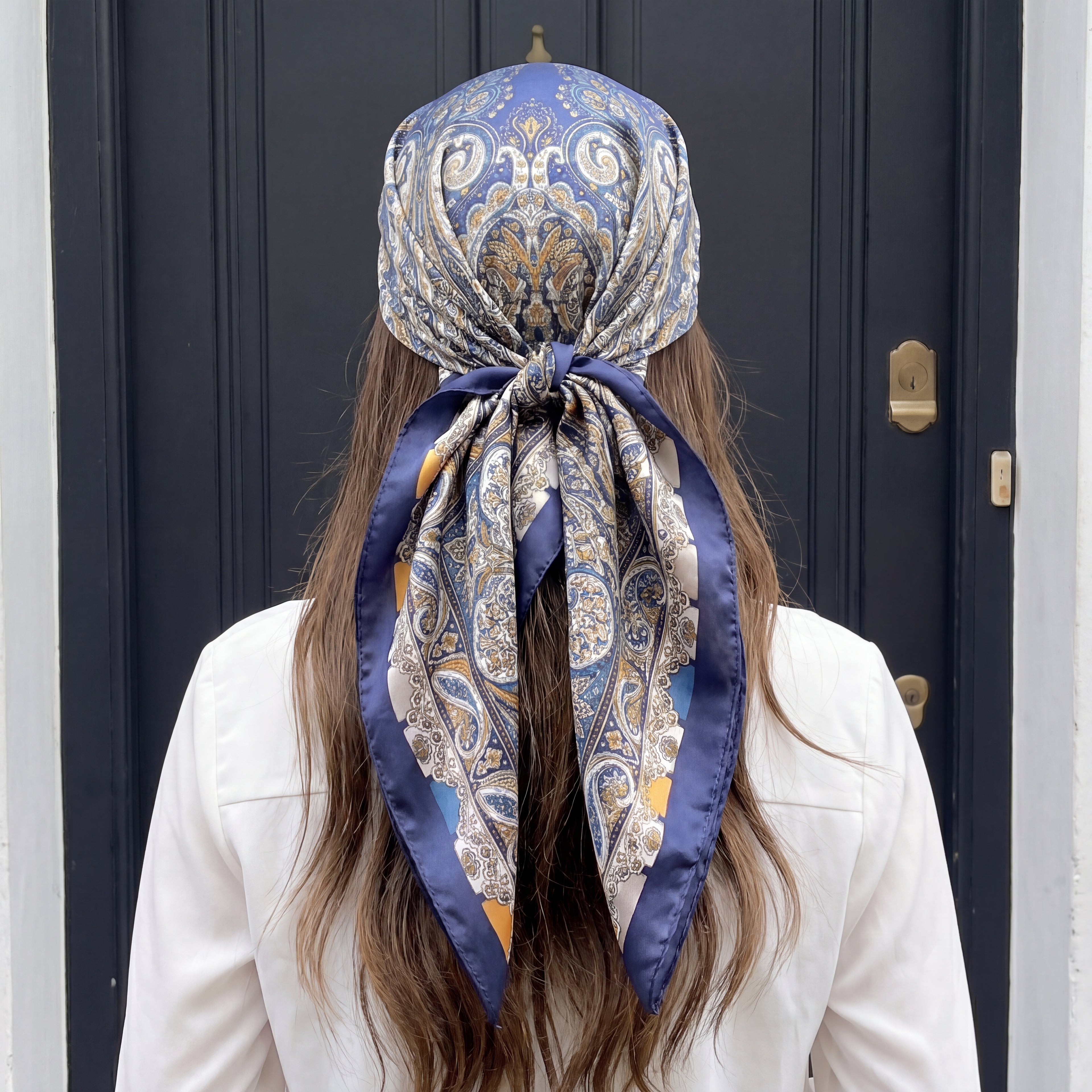 Paisley Print Silk Scarf for Women - Large Square Satin Head Scarf & Neck Wrap, Blue Gold Bandana