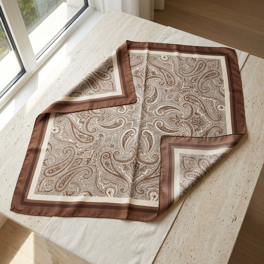 Brown Paisley Silk Scarf for Women - Large Square Satin Head Scarf & Hair Bandana, Neutral Beige Cream
