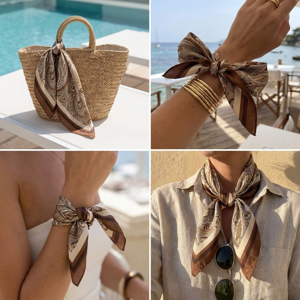Brown Paisley Silk Scarf for Women - Large Square Satin Head Scarf & Hair Bandana, Neutral Beige Cream