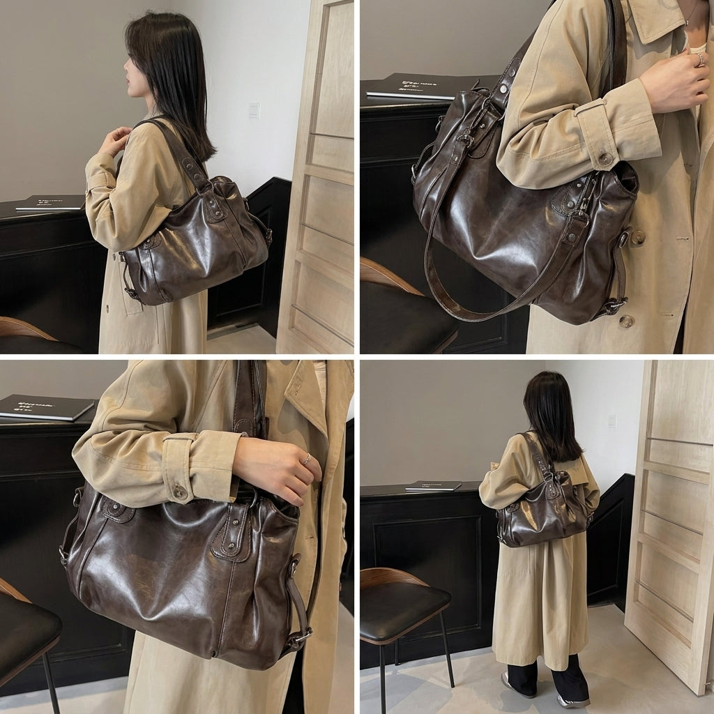 Large Capacity Vintage Slouchy Hobo Bag for Women - Versatile Crossbody Tote with Adjustable Strap