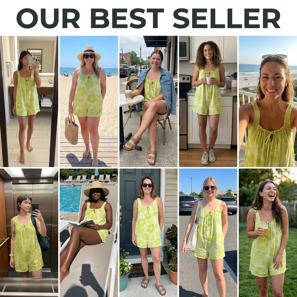 Women's Tropical Floral Romper - Tie Front Sleeveless Playsuit for Summer, Beach & Resort Wear, Lime Green