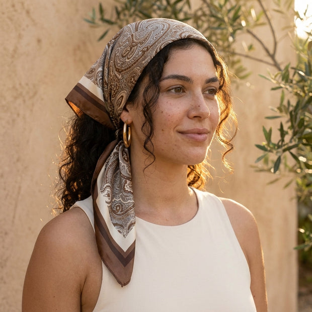 Brown Paisley Silk Scarf for Women - Large Square Satin Head Scarf & Hair Bandana, Neutral Beige Cream