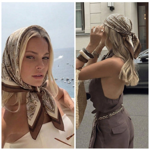 Brown Paisley Silk Scarf for Women - Large Square Satin Head Scarf & Hair Bandana, Neutral Beige Cream