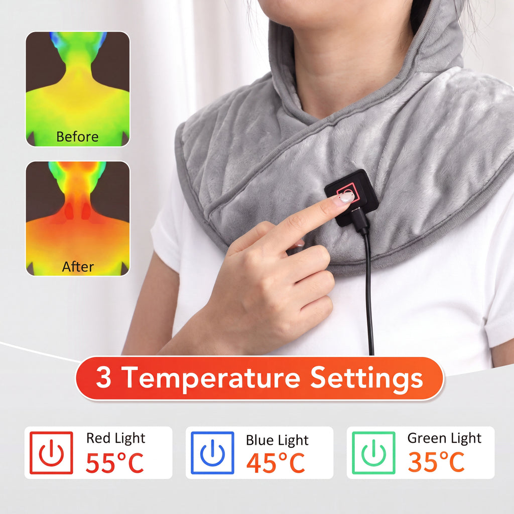 Electric Heated Neck & Shoulder Wrap - Wearable Heating Pad with 3 Heat Settings