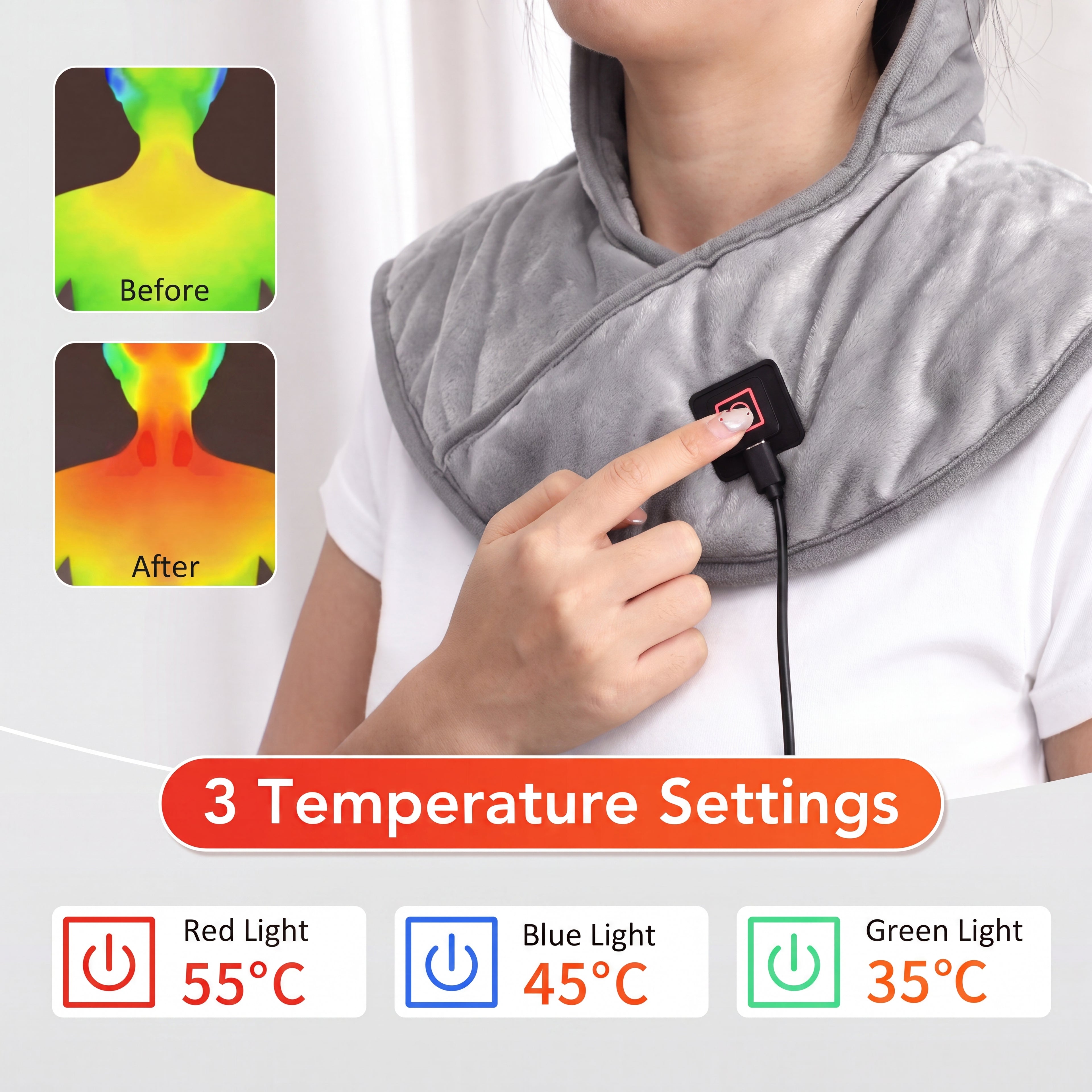Electric Heated Neck & Shoulder Wrap - Wearable Heating Pad with 3 Heat Settings