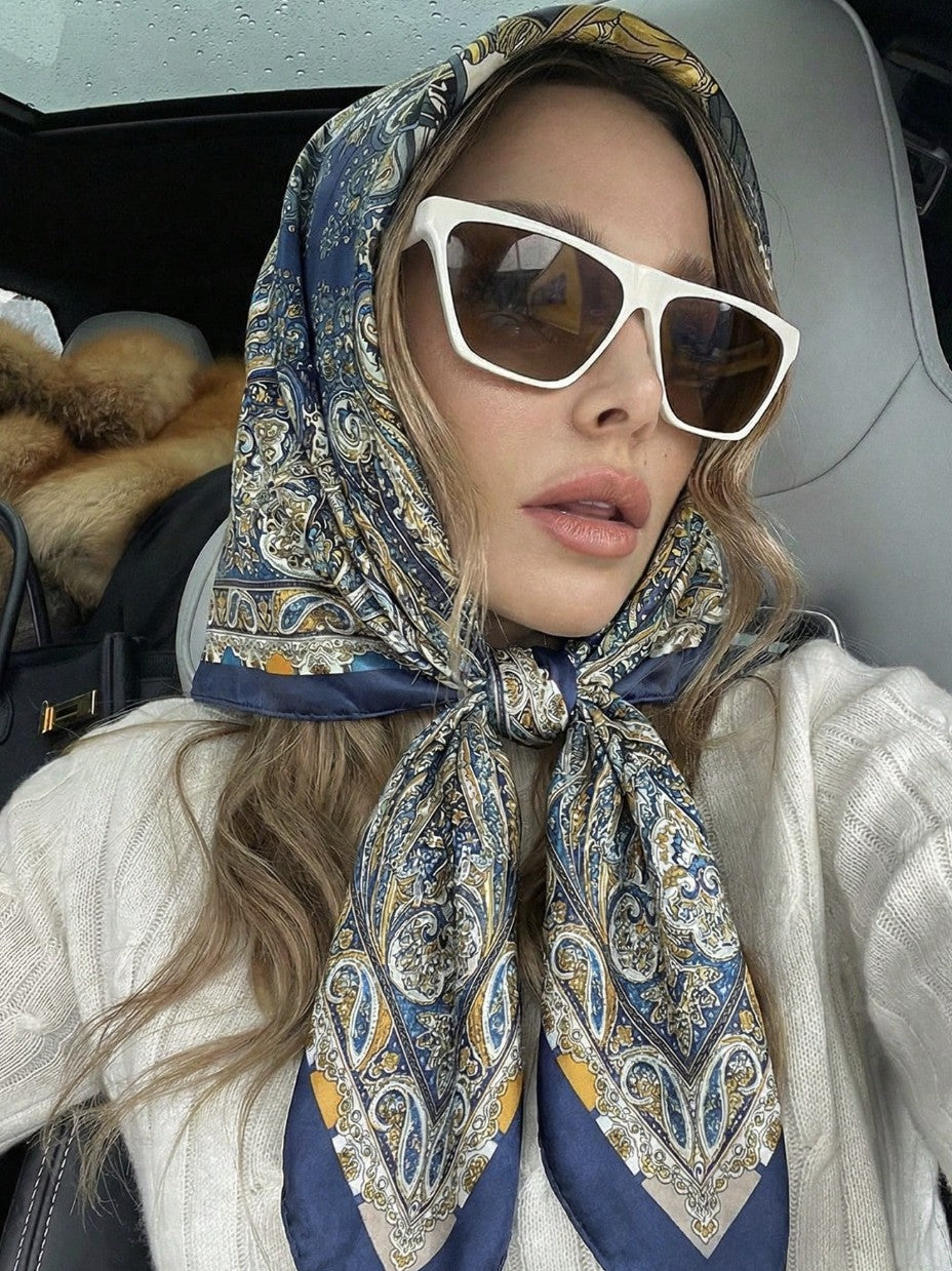 Paisley Print Silk Scarf for Women - Large Square Satin Head Scarf & Neck Wrap, Blue Gold Bandana
