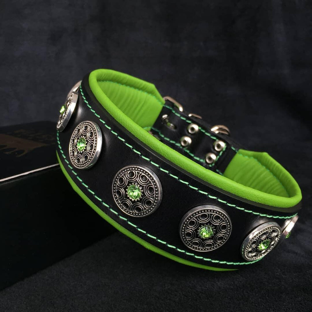 Bestia Bijou Leather Dog Collar – Black & Green