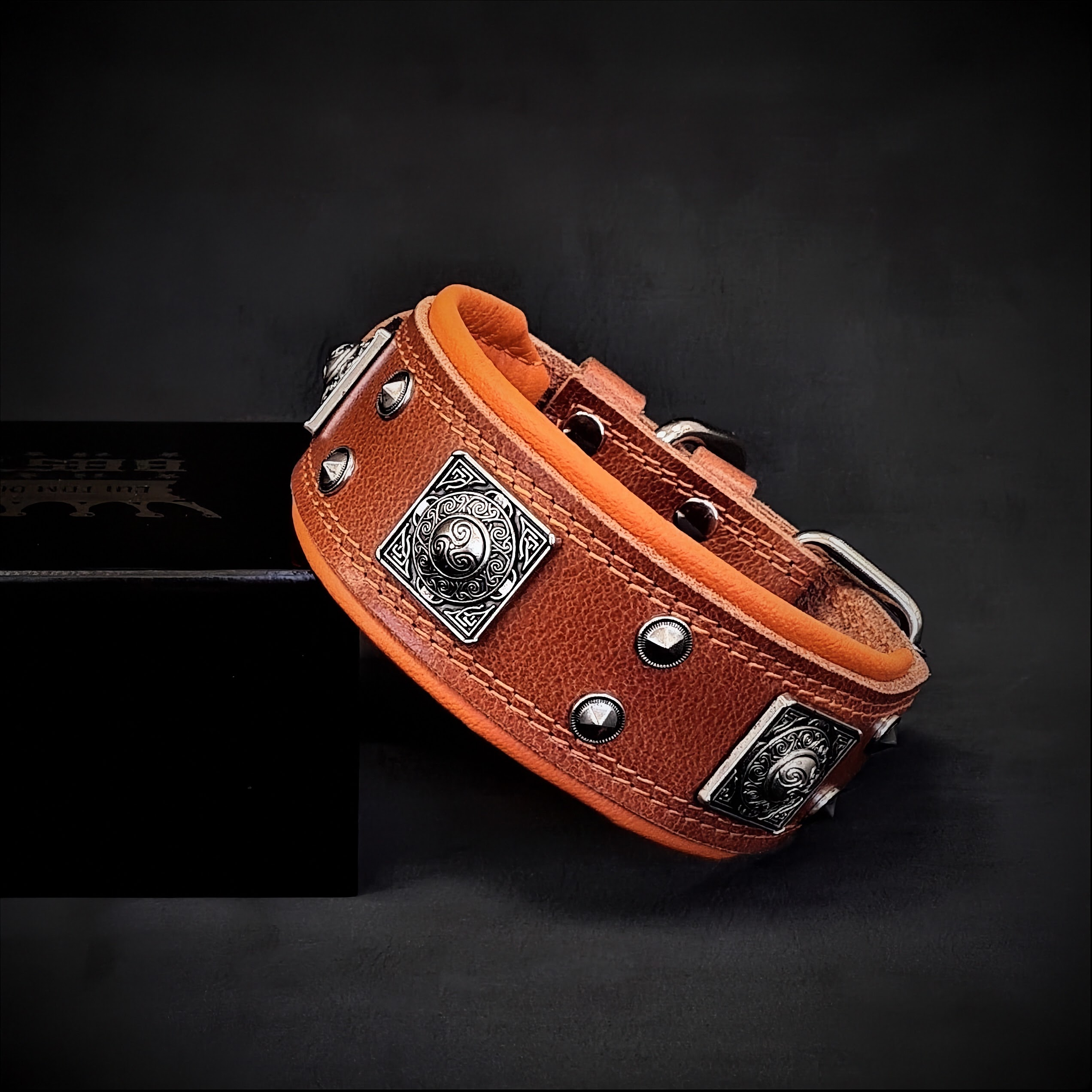 Bestia Eros Leather Dog Collar – Brown & Orange, 2 in